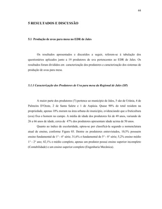 44

5 RESULTADOS E DISCUSSÃO

5.1 Produção de uvas para mesa no EDR de Jales

Os resultados apresentados e discutidos a seguir, referem-se à tabulação dos
questionários aplicados junto a 19 produtores de uva pertencentes ao EDR de Jales. Os
resultados foram divididos em caracterização dos produtores e caracterização dos sistemas de
produção de uvas para mesa.

5.1.1 Caracterização dos Produtores de Uva para mesa da Regional de Jales (SP)

A maior parte dos produtores (7) pertence ao município de Jales, 5 são de Urânia, 4 de
Palmeira D’Oeste, 2 de Santa Salete e 1 de Aspásia. Quase 90% do total residem na
propriedade, apenas 10% moram na área urbana do município, evidenciando que a fruticultura
(uva) fixa o homem no campo. A média de idade dos produtores foi de 49 anos, variando de
26 a 66 anos de idade, cerca de 47% dos produtores apresentam idade acima de 50 anos.
Quanto ao índice de escolaridade, optou-se por classificá-la segundo a nomenclatura
atual de ensino, conforme Figura 03. Dentre os produtores entrevistados, 10,5% possuem
ensino fundamental de 1° - 4° série; 31,6% o fundamental de 5° - 8° série; 5,2% ensino médio
1° - 2° ano; 42,1% o médio completo, apenas um produtor possui ensino superior incompleto
(Contabilidade) e um ensino superior completo (Engenharia Mecânica).

 