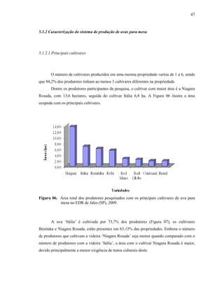 47

5.1.2 Caracterização do sistema de produção de uvas para mesa

5.1.2.1 Principais cultivares

O número de cultivares produzidos em uma mesma propriedade variou de 1 a 6, sendo
que 84,2% dos produtores tinham ao menos 3 cultivares diferentes na propriedade.
Dentre os produtores participantes da pesquisa, o cultivar com maior área é a Niagara
Rosada, com 13,6 hectares, seguida do cultivar Itália 6,8 ha. A Figura 06 ilustra a área
ocupada com os principais cultivares.

Figura 06. Área total dos produtores pesquisados com os principais cultivares de uva para
mesa no EDR de Jales (SP), 2009.

A uva ‘Itália’ é cultivada por 73,7% dos produtores (Figura 07), os cultivares
Benitaka e Niagara Rosada, estão presentes em 63,15% das propriedades. Embora o número
de produtores que cultivam a videira ‘Niagara Rosada’ seja menor quando comparado com o
número de produtores com a videira ‘Itália’, a área com o cultivar Niagara Rosada é maior,
devido principalmente a menor exigência de tratos culturais deste.

 