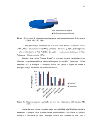 62

Figura 15. Percentual de produtores pesquisados que realizam monitoramento de doenças no
EDR de Jales (SP), 2009.
As principais doenças encontradas em uvas finas foram: Míldio - Plasmopara viticola
(100%), Oídio - Uncinula necator (100%), Alternária – Alternária sp.(85%), Botriodiplodiose
- Botryosphaeria spp. (61%), Podridões do cacho –

Melanconium fuligineum (61%) e

Antracnose - Elsinoe ampelina (30%).
Quanto à uva rústica ‘Niagara Rosada’ as principais doenças encontradas foram:
Alternária – Alternária sp.(100%), Míldio - Plasmopara viticola (83%), Antracnose - Elsinoe
ampelina (50%) e Ferrugem - Phakopsora euvitis Ono (50%). A Figura 16 mostra as
principais doenças encontradas em uvas finas e rústicas.

Figura 16. Principais doenças encontradas em uvas finas e rústicas no EDR de Jales (SP),
2009.
Apesar das uvas rústicas possuírem maior susceptibilidade a incidência de Alternária,
antracnose e ferrugem, estas possuem menor susceptibilidade a incidência de Míldio e
tolerância a incidência de Oídio, principais doenças das cultivares de uvas finas e

 