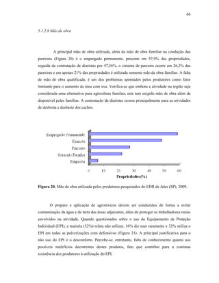 66

5.1.2.8 Mão de obra

A principal mão de obra utilizada, além da mão de obra familiar na condução das
parreiras (Figura 20) é o empregado permanente, presente em 57,9% das propriedades,
seguida da contratação de diaristas por 47,36%, o sistema de parceira ocorre em 26,3% das
parreiras e em apenas 21% das propriedades é utilizada somente mão de obra familiar. A falta
de mão de obra qualificada, é um dos problemas apontados pelos produtores como fator
limitante para o aumento da área com uva. Verifica-se que embora a atividade na região seja
considerada uma alternativa para agricultura familiar, esta tem exigido mão de obra além da
disponível pelas famílias. A contratação de diaristas ocorre principalmente para as atividades
de desbrota e desbaste dos cachos.

Figura 20. Mão de obra utilizada pelos produtores pesquisados do EDR de Jales (SP), 2009.

O preparo e aplicação de agrotóxicos devem ser conduzidos de forma a evitar
contaminação da água e da terra das áreas adjacentes, além de proteger os trabalhadores rurais
envolvidos na atividade. Quando questionados sobre o uso do Equipamento de Proteção
Individual (EPI), a maioria (52%) relata não utilizar, 16% diz usar raramente e 32% utiliza o
EPI em todas as pulverizações com defensivos (Figura 21). A principal justificativa para o
não uso do EPI é o desconforto. Percebe-se, entretanto, falta de conhecimento quanto aos
possíveis malefícios decorrentes destes produtos, fato que contribui para a continua
resistência dos produtores à utilização do EPI.

 