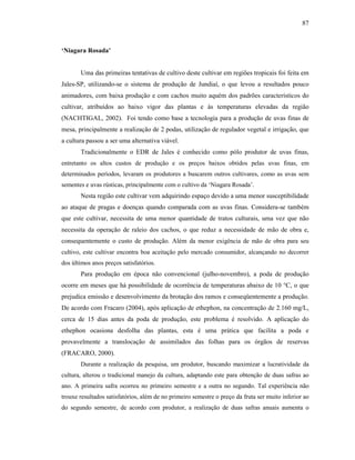 87

‘Niagara Rosada’
Uma das primeiras tentativas de cultivo deste cultivar em regiões tropicais foi feita em
Jales-SP, utilizando-se o sistema de produção de Jundiaí, o que levou a resultados pouco
animadores, com baixa produção e com cachos muito aquém dos padrões característicos do
cultivar, atribuídos ao baixo vigor das plantas e às temperaturas elevadas da região
(NACHTIGAL, 2002). Foi tendo como base a tecnologia para a produção de uvas finas de
mesa, principalmente a realização de 2 podas, utilização de regulador vegetal e irrigação, que
a cultura passou a ser uma alternativa viável.
Tradicionalmente o EDR de Jales é conhecido como pólo produtor de uvas finas,
entretanto os altos custos de produção e os preços baixos obtidos pelas uvas finas, em
determinados períodos, levaram os produtores a buscarem outros cultivares, como as uvas sem
sementes e uvas rústicas, principalmente com o cultivo da ‘Niagara Rosada’.

Nesta região este cultivar vem adquirindo espaço devido a uma menor susceptibilidade
ao ataque de pragas e doenças quando comparada com as uvas finas. Considera-se também
que este cultivar, necessita de uma menor quantidade de tratos culturais, uma vez que não
necessita da operação de raleio dos cachos, o que reduz a necessidade de mão de obra e,
consequentemente o custo de produção. Além da menor exigência de mão de obra para seu
cultivo, este cultivar encontra boa aceitação pelo mercado consumidor, alcançando no decorrer
dos últimos anos preços satisfatórios.

Para produção em época não convencional (julho-novembro), a poda de produção
ocorre em meses que há possibilidade de ocorrência de temperaturas abaixo de 10 °C, o que
prejudica emissão e desenvolvimento da brotação dos ramos e conseqüentemente a produção.
De acordo com Fracaro (2004), após aplicação de ethephon, na concentração de 2.160 mg/L,
cerca de 15 dias antes da poda de produção, este problema é resolvido. A aplicação do
ethephon ocasiona desfolha das plantas, esta é uma prática que facilita a poda e
provavelmente a translocação de assimilados das folhas para os órgãos de reservas
(FRACARO, 2000).
Durante a realização da pesquisa, um produtor, buscando maximizar a lucratividade da
cultura, alterou o tradicional manejo da cultura, adaptando este para obtenção de duas safras ao
ano. A primeira safra ocorreu no primeiro semestre e a outra no segundo. Tal experiência não
trouxe resultados satisfatórios, além de no primeiro semestre o preço da fruta ser muito inferior ao
do segundo semestre, de acordo com produtor, a realização de duas safras anuais aumenta o

 