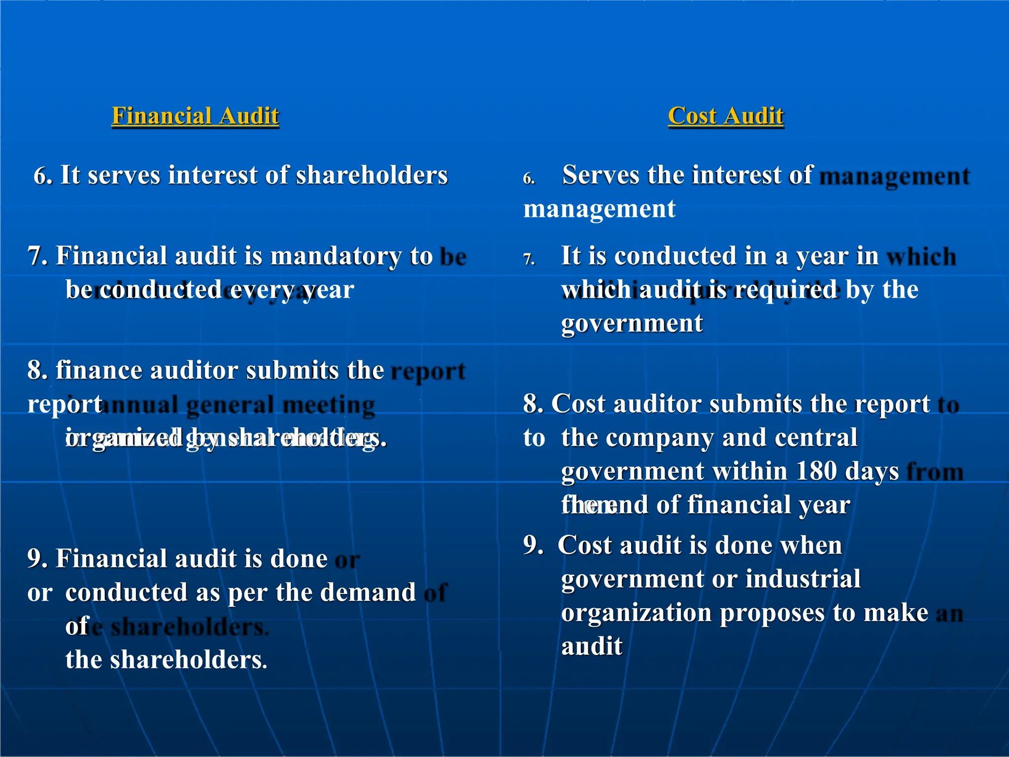 Financial Audit
6. It serves interest of shareholders
7. Financial audit is mandatory to
be conducted every year
8. finance auditor submits the
report
in annual general meeting
organized by shareholders.
9. Financial audit is done
or conducted as per the demand
of
the shareholders.
Cost Audit
6. Serves the interest of
management
7. It is conducted in a year in
which audit is required by the
government
8. Cost auditor submits the report
to the company and central
government within 180 days
from
the end of financial year
9. Cost audit is done when
government or industrial
organization proposes to make
an
audit
 
