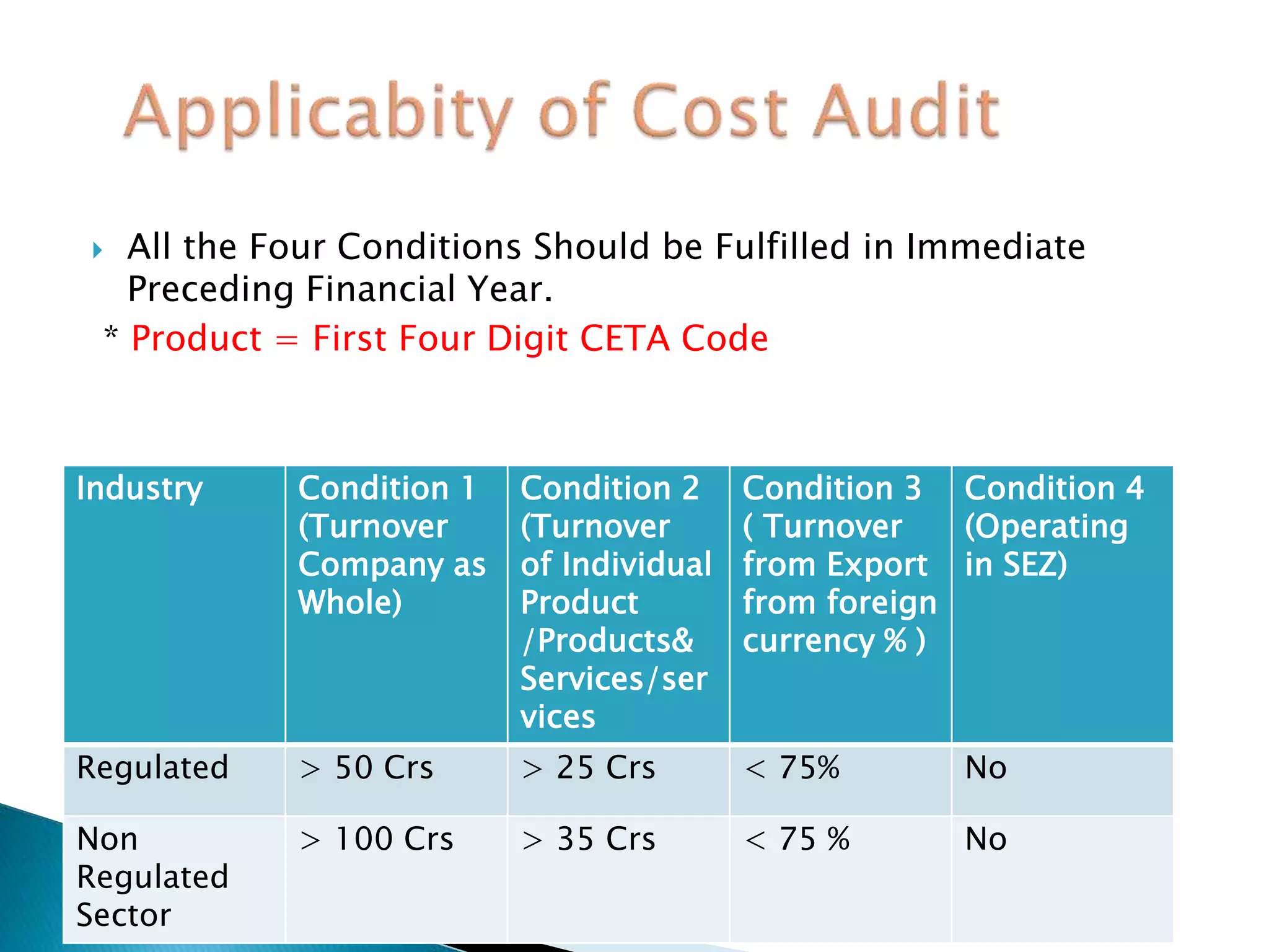  All the Four Conditions Should be Fulfilled in Immediate
Preceding Financial Year.
* Product = First Four Digit CETA Code
Industry Condition 1
(Turnover
Company as
Whole)
Condition 2
(Turnover
of Individual
Product
/Products&
Services/ser
vices
Condition 3
( Turnover
from Export
from foreign
currency % )
Condition 4
(Operating
in SEZ)
Regulated > 50 Crs > 25 Crs < 75% No
Non
Regulated
Sector
> 100 Crs > 35 Crs < 75 % No
 