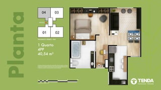 101
ESCALA GRÁFICA
2 3m
Planta
1 Quarto
4PP
40,54 m²
PAVIMENTO TÉRREO - PNE.
Ilustrações artísticas das plantas de 1 quarto/PNE e tipo de 2 quartos. Os móveis
e objetos de decoração têm dimensões comerciais e não fazem parte do contrato
de aquisição. As medidas internas são de face a face das paredes de acordo com
o projeto da prefeitura. Material preliminar sujeito a alteração.
 