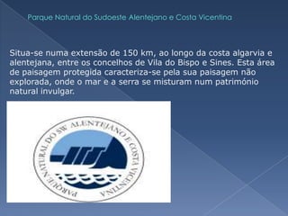 Parque Natural do Sudoeste Alentejano e Costa VicentinaSitua-se numa extensão de 150 km, ao longo da costa algarvia e alentejana, entre os concelhos de Vila do Bispo e Sines. Esta área de paisagem protegida caracteriza-se pela sua paisagem não explorada, onde o mar e a serra se misturam num património natural invulgar. 