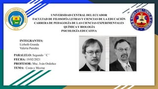 UNIVERSIDAD CENTRAL DEL ECUADOR
FACULTAD DE FILOSOFÍA LETRAS Y CIENCIAS DE LA EDUCACIÓN
CARRERA DE PEDAGOGÍA DE LAS CIENCIAS EXPERIMENTALES
QUÍMICA Y BIOLOGÍA
PSICOLOGÍA EDUCATIVA
PARALELO: Segundo ´´C´´
FECHA: 19/02/2021
PROFESOR: Msc. Iván Ordoñez
TEMA: Costa y Mccrae
INTEGRANTES:
Lizbeth Granda
Valeria Paredes
 