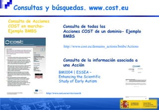 Consultas y búsquedas. www.cost.eu
Consulta de Acciones
COST en marchaEjemplo BMBS

Consulta de todas las
Acciones COST de un dominio- Ejemplo
BMBS
http://www.cost.eu/domains_actions/bmbs/Actions

Consulta de la información asociada a
una Acción
BM1004 | ESSEA –
Enhancing the Scientific
Study of Early Autism
http://www.cost.eu/service/search

 