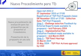 

Nuevo Procedimiento para TD

Nuevo procedimiento de
evaluación para las
propuestas que se
presenten al
transdominio.
Presentación de la
propuesta en una sola
fase

Open Call 2013-2
27 September 2013 at 17:00
Registration of TDP Pilot Proposals closes
08 November 2013 at 17:00 - Collection
Date TDP Pilot Proposals
Step 1 - Challenge selection Feedback by
External Experts made available to
proposers – mid February 2014
Step 2 - Implementation Plan
Evaluation Feedback made available to
proposers – mid March 2014
Step 3 - TDP Panel Hearings
31 March 2014
15 May 2014 - TDP Pilot Actions approved
by CSO

 