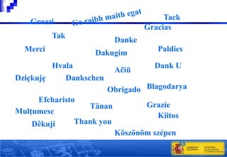 Tack
Gracias

Grazzi
Tak

Danke

Merci

Dakugim
Hvala

Dziękuję

Ačiū

Paldies
Dank U

Dankschen
Obrigado Blagodarya

Efcharisto
Tänan
Mulţumesc
Thank you
Dêkuji

Grazie
Kiitos
Köszönöm szépen
53

 