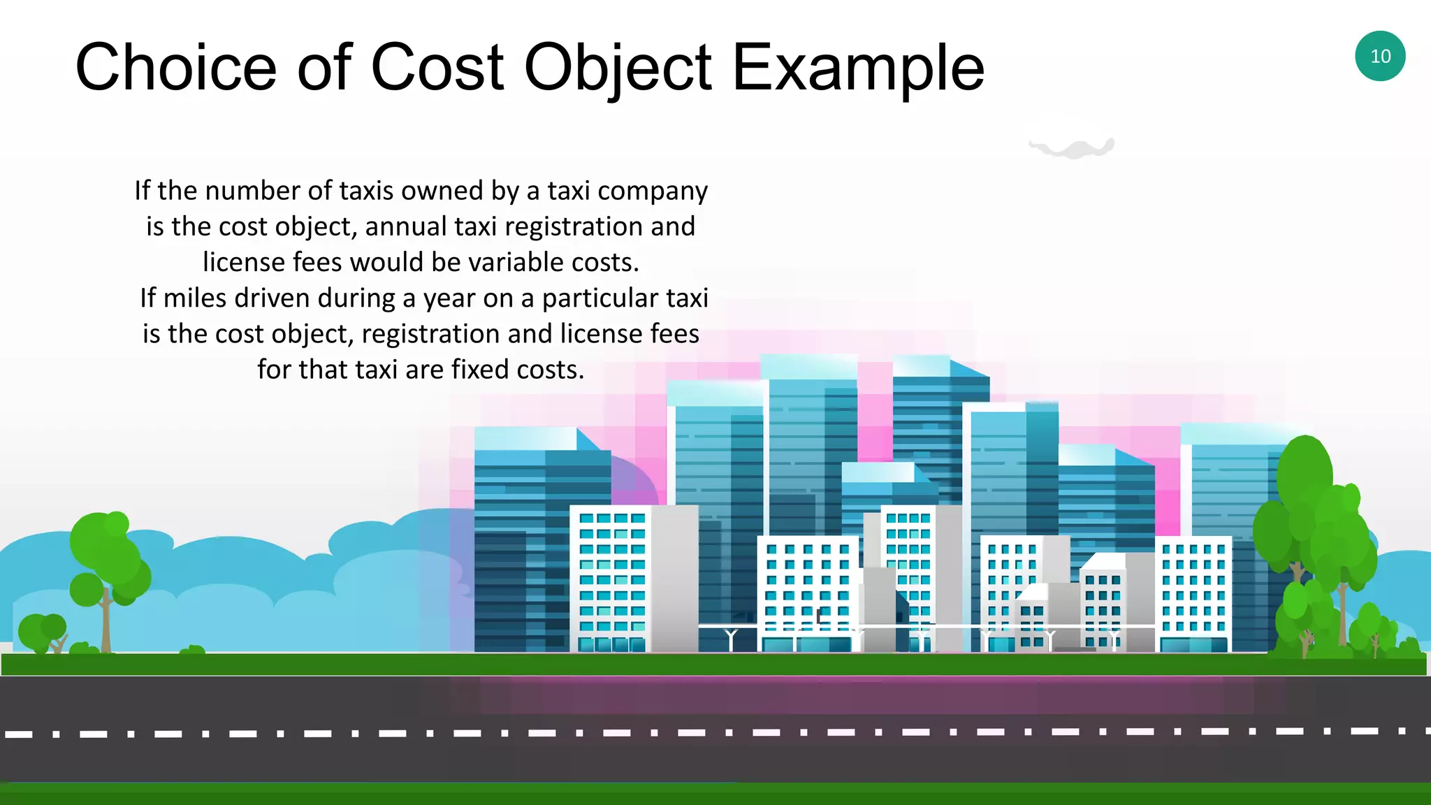 10
Choice of Cost Object Example
If the number of taxis owned by a taxi company
is the cost object, annual taxi registration and
license fees would be variable costs.
If miles driven during a year on a particular taxi
is the cost object, registration and license fees
for that taxi are fixed costs.
 