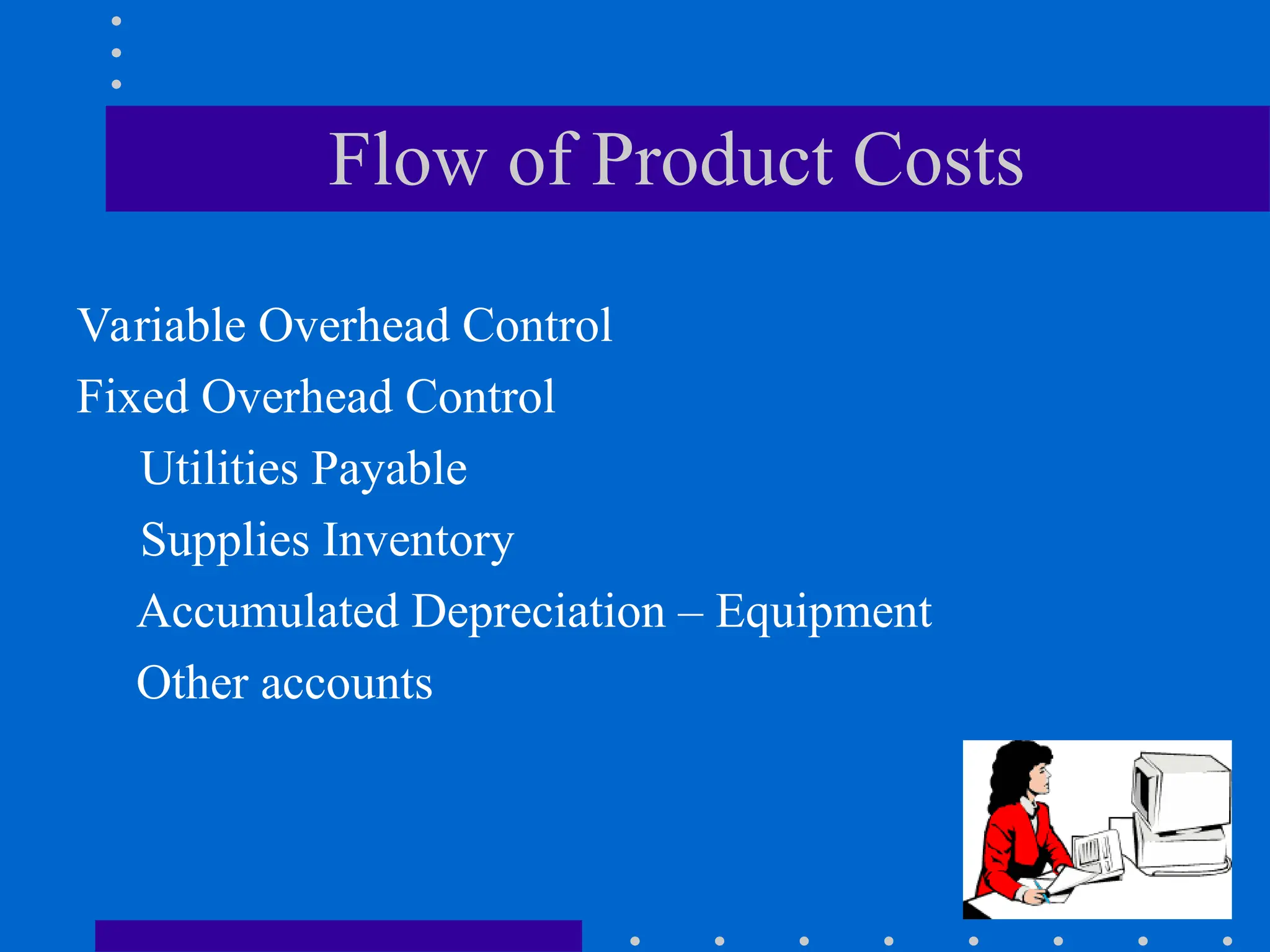 Flow of Product Costs
Variable Overhead Control
Fixed Overhead Control
Utilities Payable
Supplies Inventory
Accumulated Depreciation – Equipment
Other accounts
 