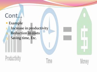 Cont…
 Example
1. Increase inproductivity
2. Reduction in costs
3. Saving time, Etc.
 