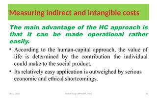 08/31/2025 Yisehak Azaje (BPHARM., MSc) 30
Measuring indirect and intangible costs
The main advantage of the HC approach is
that it can be made operational rather
easily.
• According to the human-capital approach, the value of
life is determined by the contribution the individual
could make to the social product.
• Its relatively easy application is outweighed by serious
economic and ethical shortcomings.
 