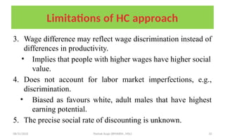 08/31/2025 Yisehak Azaje (BPHARM., MSc) 32
Limitations of HC approach
3. Wage difference may reflect wage discrimination instead of
differences in productivity.
• Implies that people with higher wages have higher social
value.
4. Does not account for labor market imperfections, e.g.,
discrimination.
• Biased as favours white, adult males that have highest
earning potential.
5. The precise social rate of discounting is unknown.
 