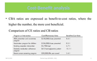 08/31/2025 Yisehak Azaje (BPHARM., MSc) 6
Cost-Benefit analysis
• CBA ratios are expressed as benefit-to-cost ratios, where the
higher the number, the more cost beneficial.
Comparison of CE ratios and CB ratios
 