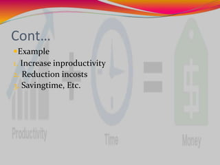 Cont…
Example
1. Increase inproductivity
2. Reduction incosts
3. Savingtime, Etc.
 
