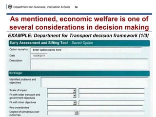 14

As mentioned, economic welfare is one of
several considerations in decision making
EXAMPLE: Department for Transport decision framework [1/3]

 