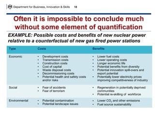 18

Often it is impossible to conclude much
without some element of quantification
EXAMPLE: Possible costs and benefits of new nuclear power
relative to a counterfactual of new gas fired power stations
Type

Costs

Benefits

Economic

•
•
•
•
•
•
•

Development costs
Transmission costs
Construction costs
Cost of capital
Waste disposal costs
Decommissioning costs
Potential health and safety costs
and/or risks

•
•
•
•
•

•
•

Fear of accidents
Fear of terrorism

•

Social

•

Lower fuel costs
Lower operating costs
Longer economic life
Potential benefits from diversity
Potential innovation spill-overs and
export potential
Potentially lower electricity prices
improving competitiveness of industry

•
Environmental

•
•

Potential contamination
Potential landscape issues

Regeneration in potentially deprived
communities
Potential re-skilling of workforce

•
•

Lower CO2 and other emissions
Fuel source sustainability

 