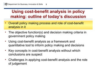 2

Using cost-benefit analysis in policy
making: outline of today’s discussion
• Overall policy making process and role of cost-benefit
analysis in it
• The objective function(s) and decision making criteria in
government policy making
• Using cost-benefit analysis as a framework and
quantitative tool to inform policy making and decisions
• Key concepts in cost-benefit analysis without which
conclusions are suspect
• Challenges in applying cost-benefit analysis and the role
of judgement

 
