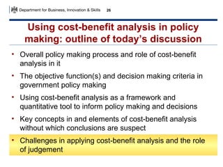 26

Using cost-benefit analysis in policy
making: outline of today’s discussion
• Overall policy making process and role of cost-benefit
analysis in it
• The objective function(s) and decision making criteria in
government policy making
• Using cost-benefit analysis as a framework and
quantitative tool to inform policy making and decisions
• Key concepts in and elements of cost-benefit analysis
without which conclusions are suspect
• Challenges in applying cost-benefit analysis and the role
of judgement

 