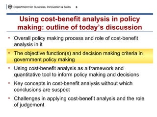 6

Using cost-benefit analysis in policy
making: outline of today’s discussion
• Overall policy making process and role of cost-benefit
analysis in it
• The objective function(s) and decision making criteria in
government policy making
• Using cost-benefit analysis as a framework and
quantitative tool to inform policy making and decisions
• Key concepts in cost-benefit analysis without which
conclusions are suspect
• Challenges in applying cost-benefit analysis and the role
of judgement

 