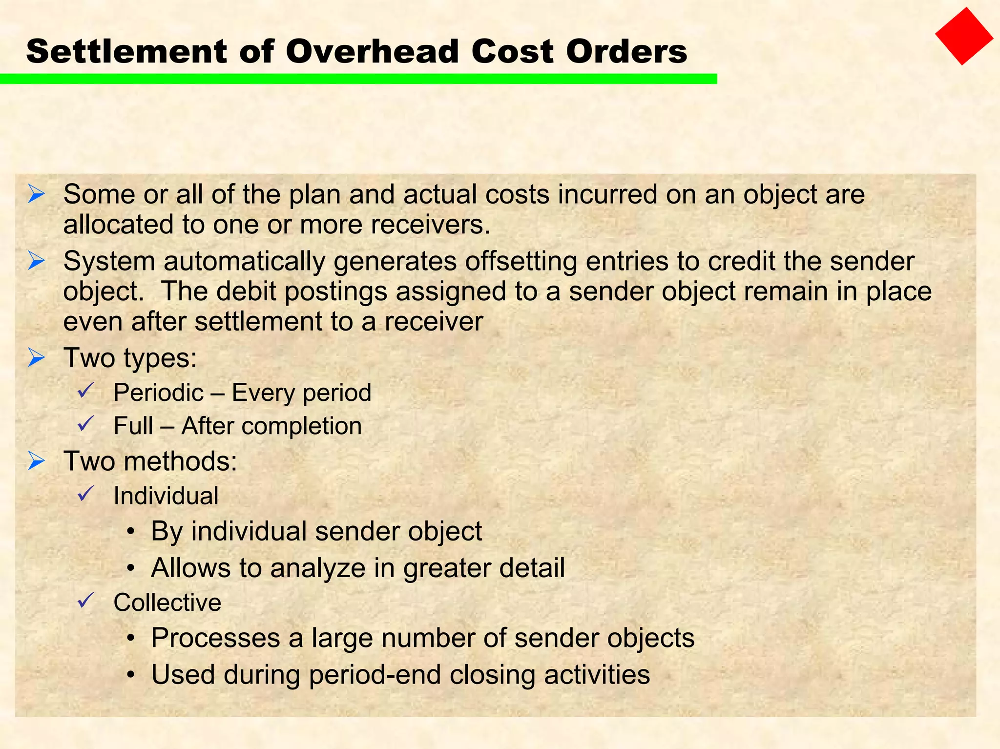 Settlement of Overhead Cost Orders
Some or all of the plan and actual costs incurred on an object are
allocated to one or more receivers.
System automatically generates offsetting entries to credit the sender
object. The debit postings assigned to a sender object remain in place
even after settlement to a receiver
Two types:
Periodic – Every period
Full – After completion
Two methods:
Individual
• By individual sender object
• Allows to analyze in greater detail
Collective
• Processes a large number of sender objects
• Used during period-end closing activities
 