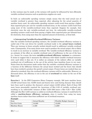 in this variance may be small, so the variance will mainly be influenced by how efficiently
variable overhead resources such as production supplies are used.
In brief, an unfavorable spending variance simply means that the total actual cost of
variable overhead is greater than expected, after adjusting for the actual quantity of
machine hours used. An unfavorable spending variance could result from paying a higher
than expected price per unit for variable-overhead items, or the variance could result from
using more of the variable-overhead items than expected. Suppose for example, that
electricity were the only variable-overhead cost item. An unfavorable variable-overhead
spending variance could result from paying a higher than expected price per kilowatt-hour
for electricity, from using more than the expected amount of electricity, or from both.
4. Interpreting Variable-Overhead Efficiency Variance
Like the variable-overhead spending variance, the variable-overhead efficiency variance is
useful only if the cost driver for variable overhead really is the actual hours worked.
Then any increase in hours actually worked should result in additional variable overhead
costs. Consequently, if too many hours were used to produce the actual output, this is likely
to result in an increase in variable overhead. The variable-overhead efficiency variance is
an estimate of the effect on variable overhead costs of inefficiency in the use of the base
(i.e., hours). In a sense, the term variable-overhead efficiency variance is a misnomer.
It seems to suggest that it measures the efficiency with which variable overhead resources
were used while it does not. It is rather an estimate of the indirect effect on variable
overhead cost of inefficiency in the use of the activity base (machine hours in our case).
Notice from the discussions made earlier that the variable–-overhead efficiency variance is
a function of the difference between the actual hours worked and the hours that should
have been worked to produce the period’s actual output. If more hours are worked than are
allowed at standard, then the overhead efficiency variance will be unfavorable. However, as
discussed above, the efficiency is not in the use of overhead but rather in the use of the
base itself.
Exercise.1. In the XYZ Carpenters Share Company example, 500 more machine hours
(10,500 actual hours less 10,000 stand and hours) were used during January than should
have been used to produce the January’s actual output (2,500 tables). Each of these 500
more hours presumably required the incurrence of Birr 6.50 of variable overhead cost,
resulting in an unfavorable variance of Birr 3,250 (500 hours x Birr 6.50 = Birr 3,250).
Although this Birr 3,250 variance is called an overhead efficiency variance it could better be
called a machine-hours efficiency variance, since it results from using too many
machine–hours rather than from inefficient use of overhead resources.
Example
Item Actual Results Flexible Budget Amount
Out Put Units 10,000 10,000
Machine Hours 4,500 4,000
22 | P a g e
 