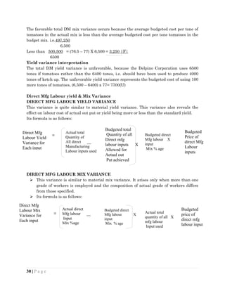 The favorable total DM mix variance occurs because the average budgeted cost per tone of
tomatoes in the actual mix is less than the average budgeted cost per tone tomatoes in the
budget mix. i.e.497,250
6,500
Less than 500,500 = (76.5 – 77) X 6,500 = 3,250 |F|
6500
Yield variance interpretation
The total DM yield variance is unfavorable, because the Delpino Corporation uses 6500
tones if tomatoes rather than the 6400 tones, i.e. should have been used to produce 4000
tones of ketch up. The unfavorable yield variance represents the budgeted cost of using 100
more tones of tomatoes, (6,500 – 6400) x 77= 7700(U)
Direct Mfg Labour yield & Mix Variance
DIRECT MFG LABOUR YIELD VARIANCE
This variance is quite similar to material yield variance. This variance also reveals the
effect on labour cost of actual out put or yield being more or less than the standard yield.
Its formula is as follows:
=
DIRECT MFG LABOUR MIX VARIANCE
 This variance is similar to material mix variance. It arises only when more than one
grade of workers is employed and the composition of actual grade of workers differs
from those specified.
 Its formula is as follows:
=
30 | P a g e
Actual total
Quantity of
All direct __
Manufacturing
Labour inputs used
Budgeted total
Quantity of all
Direct mfg
labour inputs X
Allowed for
Actual out
Put achieved
Budgeted direct
Mfg labour X
input
Mix % age
Budgeted
Price of
direct Mfg
Labour
inputs
actual
Actual direct
Mfg labour __
Input
Mix %age
Budgeted direct
Mfg labour X
input
Mix % age
Budgeted
price of
direct mfg
labour input
Actual total
quantity of all X
mfg labour
Input used
Direct Mfg
Labour Yield
Variance for
Each input
Direct Mfg
Labour Mix
Variance for
Each input
 