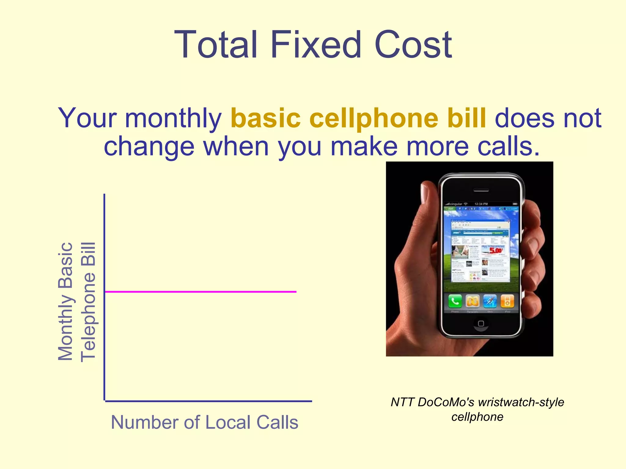 Total Fixed Cost Your monthly  basic cellphone bill  does not change when you make more calls.  NTT DoCoMo's wristwatch-style cellphone Number of Local Calls Monthly Basic Telephone Bill 