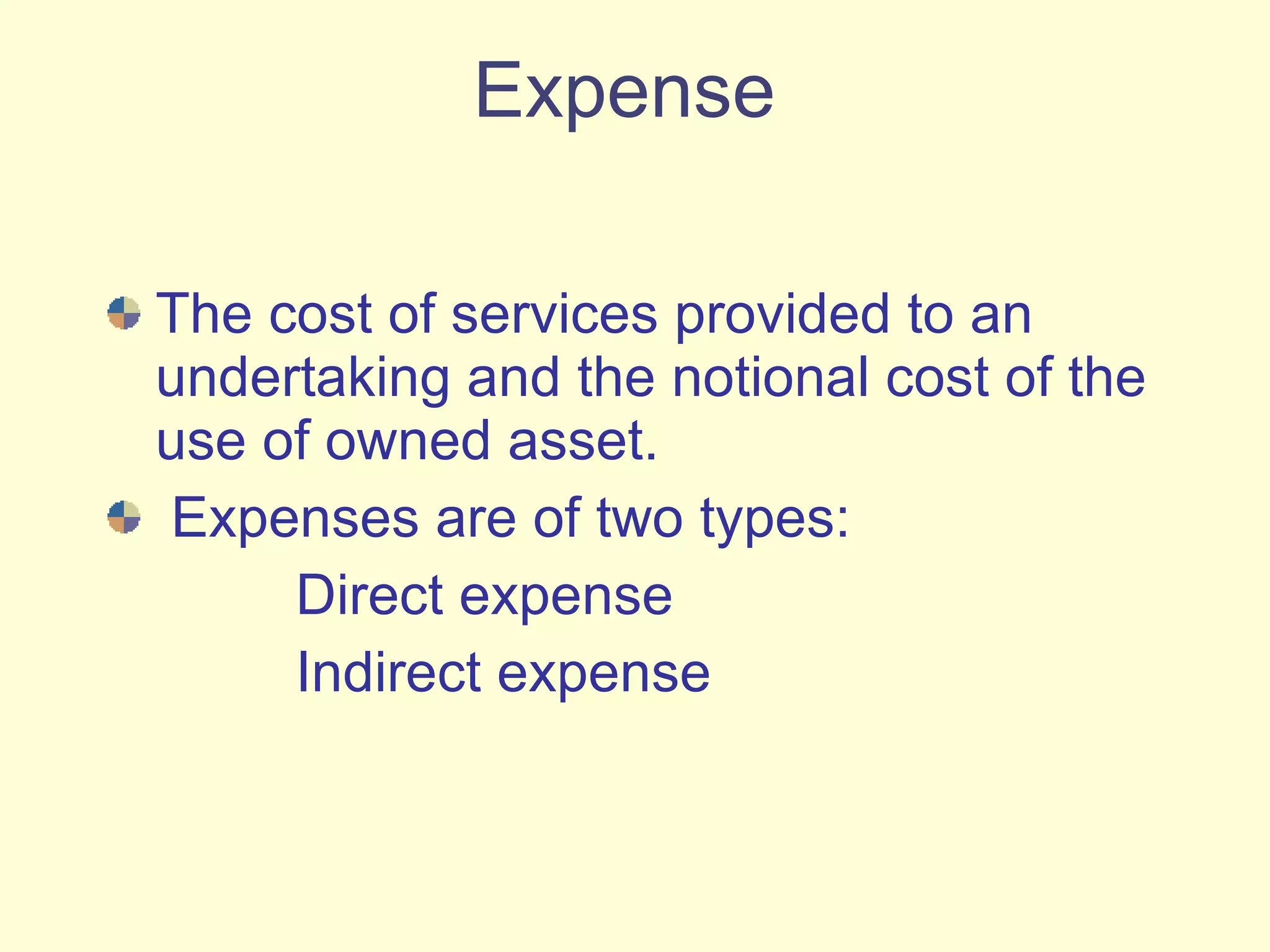 Expense  The cost of services provided to an undertaking and the notional cost of the use of owned asset. Expenses are of two types: Direct expense Indirect expense 