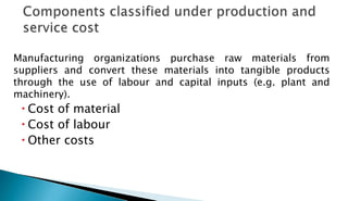 Manufacturing organizations purchase raw materials from
suppliers and convert these materials into tangible products
through the use of labour and capital inputs (e.g. plant and
machinery).
 Cost of material
 Cost of labour
 Other costs
 