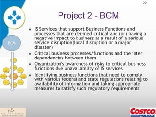 20




      !   IS Services that support Business Functions and
          processes that are deemed critical and (or) having a
          negative impact to business as a result of a serious
BCM       service disruption(local disruption or a major
          disaster)
      !   Critical business processes/functions and the inter
          dependencies between them
      !   Organization's awareness of risks to critical business
          functions due unavailability of IS services
      !   Identifying business functions that need to comply
          with various federal and state regulations relating to
          availability of information and taking appropriate
          measures to satisfy such regulatory requirements
 