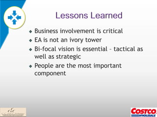 !   Business involvement is critical
!   EA is not an ivory tower
!   Bi-focal vision is essential – tactical as
    well as strategic
!   People are the most important
    component
 