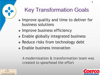 5




!   Improve quality and time to deliver for
    business solutions
!   Improve business efficiency
!   Enable globally integrated business
!   Reduce risks from technology debt
!   Enable business innovation

    A modernization & transformation team was
    created to spearhead the effort
 
