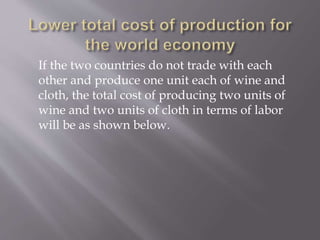 If the two countries do not trade with each
other and produce one unit each of wine and
cloth, the total cost of producing two units of
wine and two units of cloth in terms of labor
will be as shown below.
 
