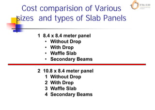 C t i i f V iCost comparision of Various
sizes and types of Slab Panelssizes and types of Slab Panels
1 8.4 x 8.4 meter panel
• Without Drop
• With Drop
W ffl Sl b• Waffle Slab
Secondary Beams• Secondary Beams
2 10 8 x 8 4 meter panel2 10.8 x 8.4 meter panel
1 Without Drop1 Without Drop
2 With Drop2 With Drop
3 Waffle Slab
4 Secondary Beams
 