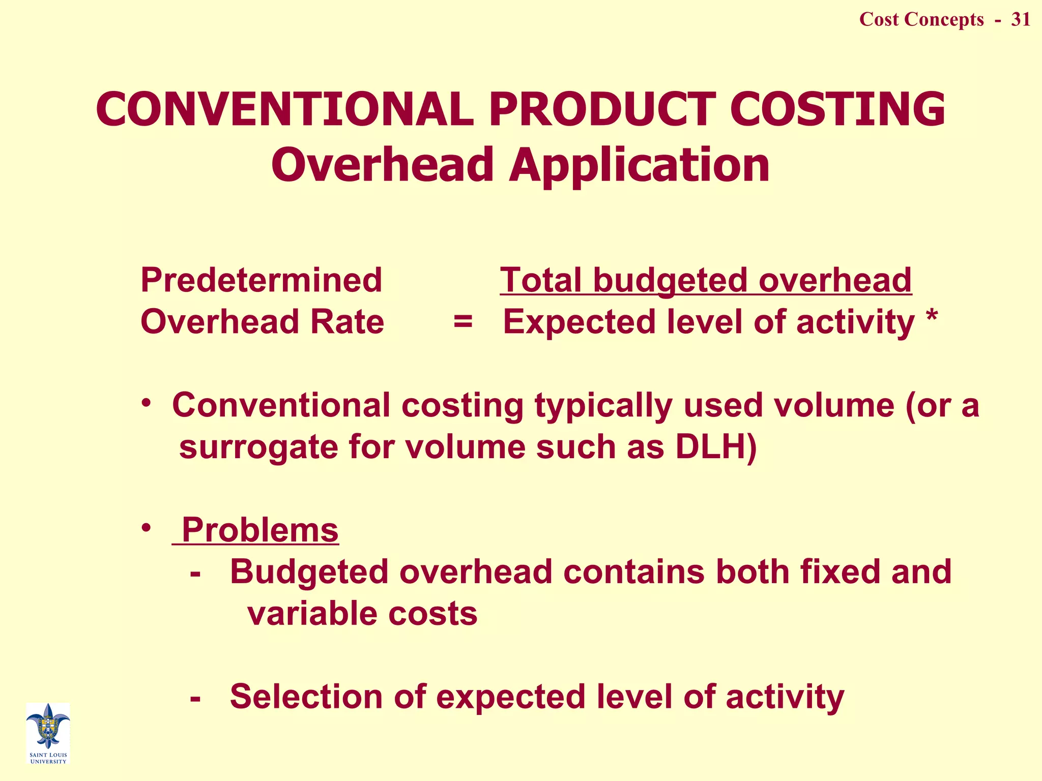 CONVENTIONAL PRODUCT COSTING Overhead Application Predetermined  Total budgeted overhead Overhead Rate  =  Expected level of activity * Conventional costing typically used volume (or a  surrogate for volume such as DLH) Problems -  Budgeted overhead contains both fixed and  variable costs -  Selection of expected level of activity  