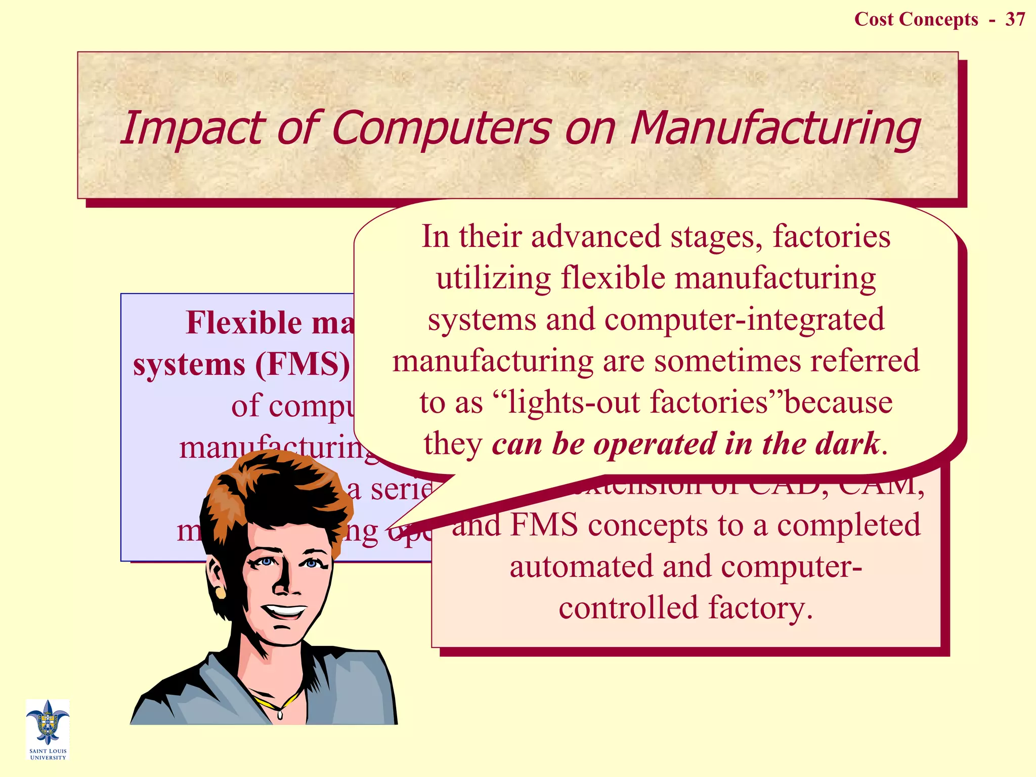 Impact of Computers on Manufacturing Flexible manufacturing systems (FMS)  are an extension of computer-aided manufacturing techniques through a series of manufacturing operations. Computer-integrated manufacturing (CIM)  is the ultimate extension of CAD, CAM, and FMS concepts to a completed automated and computer-controlled factory. In their advanced stages, factories utilizing flexible manufacturing systems and computer-integrated manufacturing are sometimes referred to as “lights-out factories”because they  can be operated in the dark . 