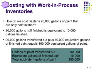 Costing with Work-in-Process
Inventories
• How do we cost Baxter’s 20,000 gallons of paint that
are only half finished?
• 20,000 gallons half finished is equivalent to 10,000
gallons finished.
• 90,000 gallons transferred out plus 10,000 equivalent gallons
of finished paint equals 100,000 equivalent gallons of paint.
Gallons of paint transferred out 90,000
Equivalent gallons of finished paint 10,000
Total equivalent gallons of paint 100,000
LO3
6 - 51
 