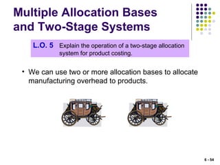 Multiple Allocation Bases
and Two-Stage Systems
L.O. 5 Explain the operation of a two-stage allocation
system for product costing.
• We can use two or more allocation bases to allocate
manufacturing overhead to products.
6 - 54
 