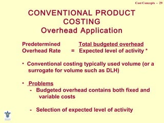 Cost Concepts - 29
CONVENTIONAL PRODUCT
COSTING
Overhead Application
Predetermined Total budgeted overhead
Overhead Rate = Expected level of activity *
• Conventional costing typically used volume (or a
surrogate for volume such as DLH)
• Problems
- Budgeted overhead contains both fixed and
variable costs
- Selection of expected level of activity
 