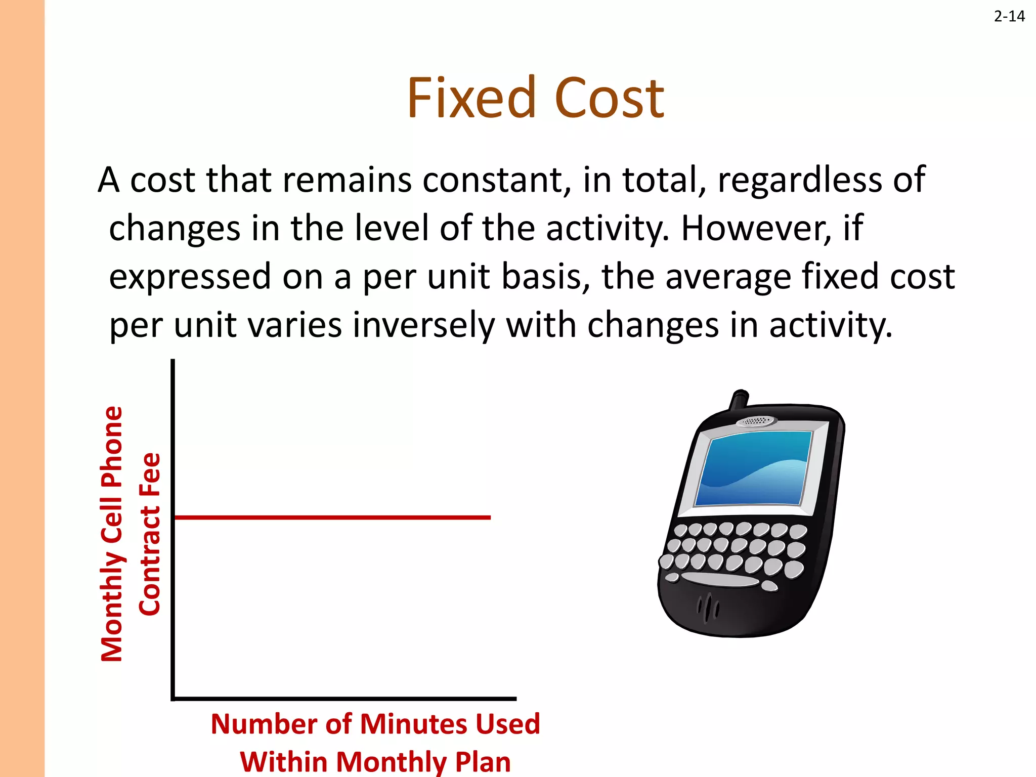 2-14
Fixed Cost
A cost that remains constant, in total, regardless of
changes in the level of the activity. However, if
expressed on a per unit basis, the average fixed cost
per unit varies inversely with changes in activity.
Number of Minutes Used
Within Monthly Plan
Monthly
Cell
Phone
Contract
Fee
 
