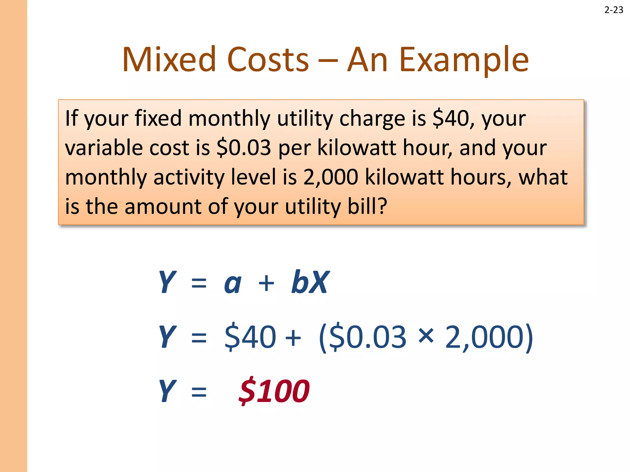 2-23
Mixed Costs – An Example
If your fixed monthly utility charge is $40, your
variable cost is $0.03 per kilowatt hour, and your
monthly activity level is 2,000 kilowatt hours, what
is the amount of your utility bill?
Y = a + bX
Y = $40 + ($0.03 × 2,000)
Y = $100
 