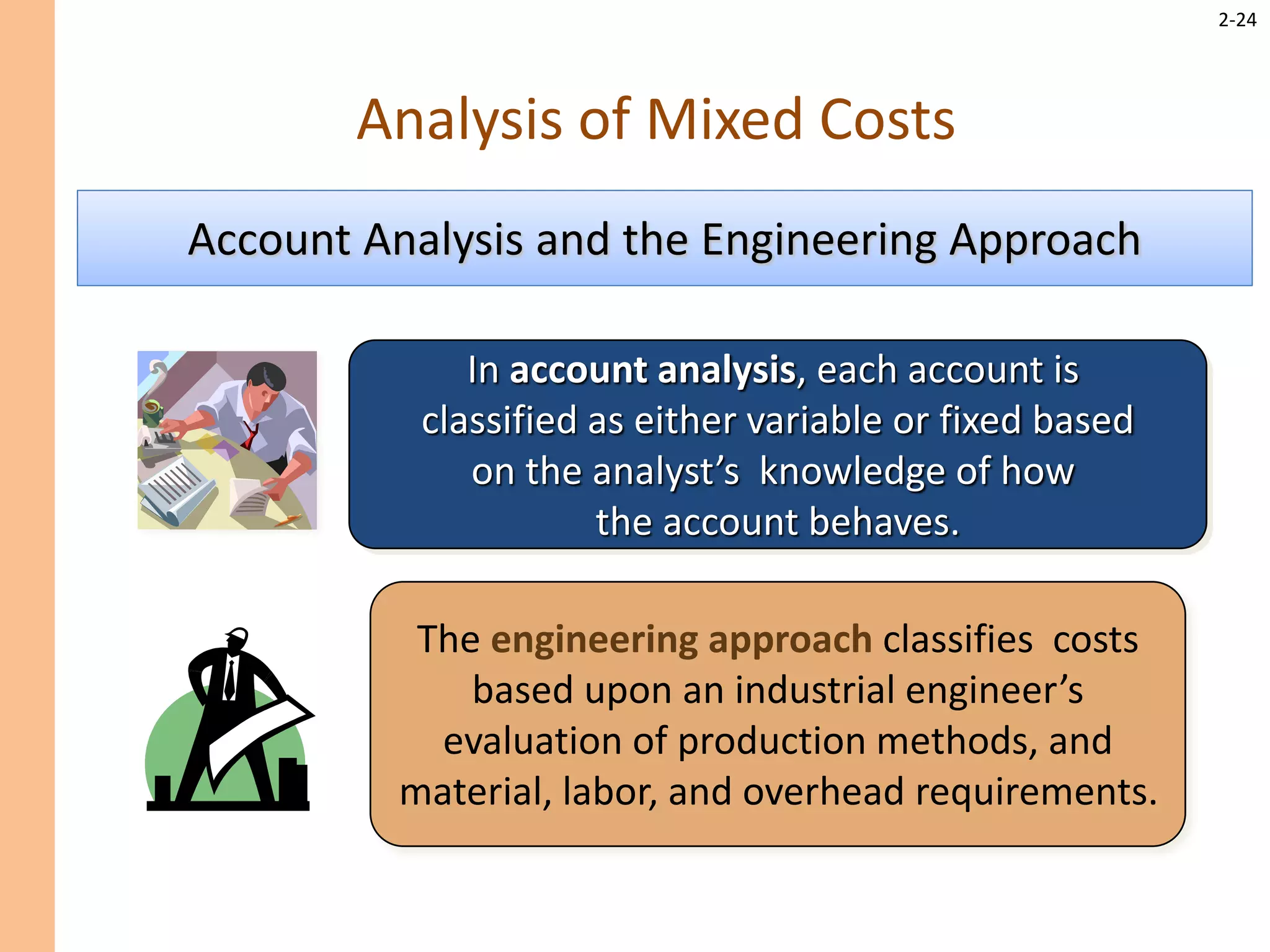 2-24
Analysis of Mixed Costs
In account analysis, each account is
classified as either variable or fixed based
on the analyst’s knowledge of how
the account behaves.
The engineering approach classifies costs
based upon an industrial engineer’s
evaluation of production methods, and
material, labor, and overhead requirements.
Account Analysis and the Engineering Approach
 