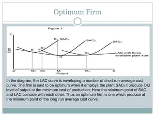 Optimum Firm
In the diagram, the LAC curve is enveloping a number of short run average cost
curve. The firm is said to be optimum when it employs the plant SAC2 it produce OQ
level of output at the minimum cost of production. Here the minimum point of SAC
and LAC coincide with each other. Thus an optimum firm is one which produce at
the minimum point of the long run average cost curve.
 