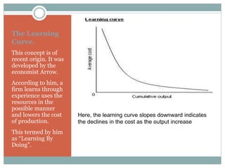The Learning
Curve.
This concept is of
recent origin. It was
developed by the
economist Arrow.
According to him, a
firm learns through
experience uses the
resources in the
possible manner
and lowers the cost
of production.
This termed by him
as “Learning By
Doing”.
Here, the learning curve slopes downward indicates
the declines in the cost as the output increase
 