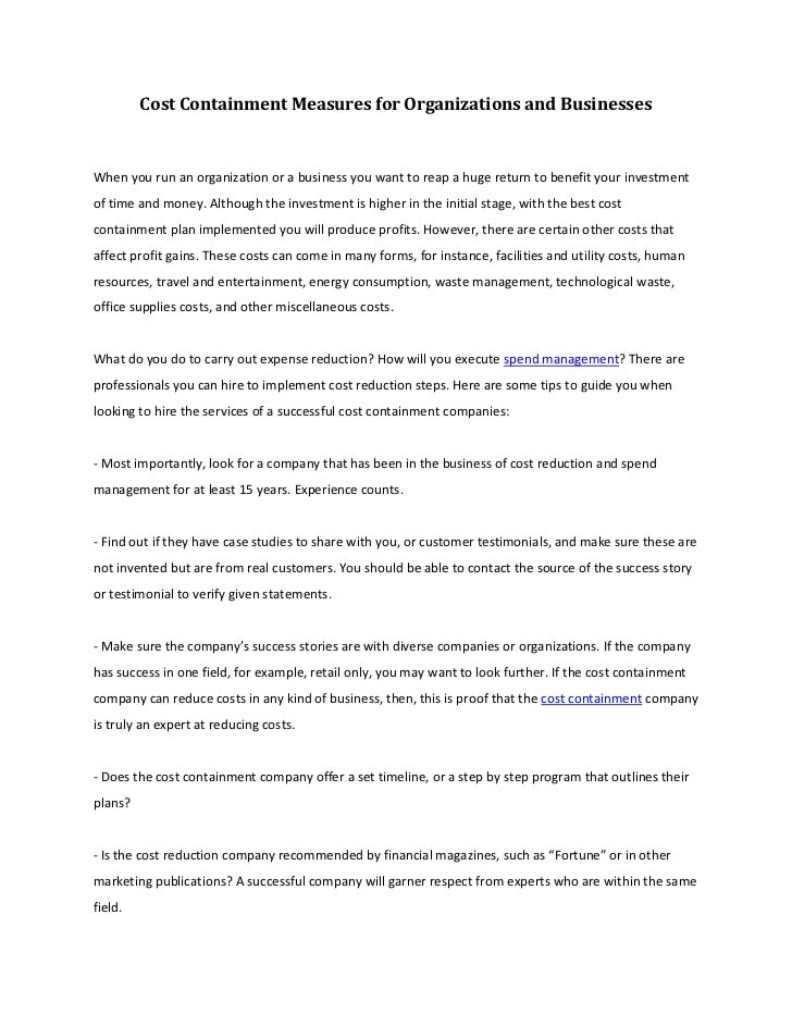 Cost containment measures for organizations and businesses
