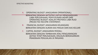 EFFECTIVE BUDGETING
MASTER BUDGET
A. OPERATING BUDGET (ANGGARAN OPERATIONAL)
BERKAITAN DENGAN AKTIVITAS UNTUK MENGHASILKAN
LABA PERUSAHAAN, PENYUSUNAN AKHIR DARI
OPERATING BUDGET ADALAH PROYEKSI LABA RUGI
(PROJECTED INCOME STATEMENT)
B. FINANCIAL BUDGET (ANGGARAN KEUANGAN)
BERKAITAN DENGAN ALIRAN KAS MASUK DAN KAS KELUAR
C. CAPITAL BUDGET (ANGGARAN MODAL)
BERKAITAN DENGAN TAMBAHAN ATAU PENGURANGAN
AKTIVA TETAP PERUSAHAAN, DISUSUN BERDASARKAN
PRAKIRAAN PENJUALAN JK PANJANG
 