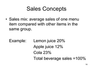 14
Sales Concepts
• Sales mix: average sales of one menu
item compared with other items in the
same group.
Example: Lemon juice 20%
Apple juice 12%
Cola 23%
Total beverage sales =100%
 