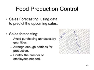 49
Food Production Control
• Sales Forecasting: using data
to predict the upcoming sales.
• Sales forecasting:
– Avoid purchasing unnecessary
quantities.
– Arrange enough portions for
production.
– Control the number of
employees needed.
 